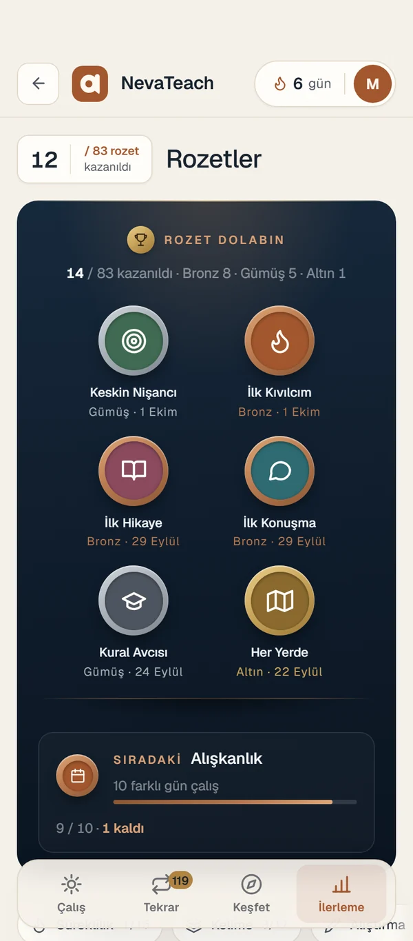 Rozetler ekranı: kazanılan rozetler ve sıradaki rozet